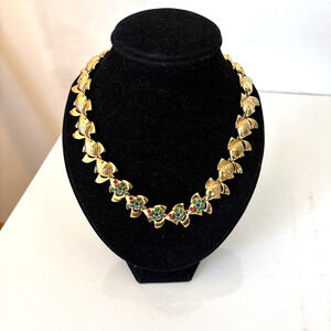 D'Orlan Fish Necklace with Swarovski Crystals 16" Gold Tone Heavy